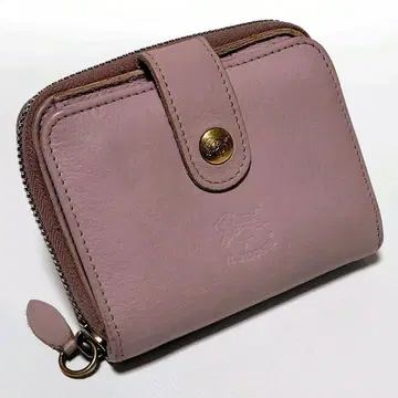 일비종떼 접이식 지갑 핑크 가죽 라운드 지퍼 로고 엠보 골드 버튼