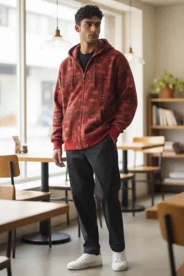 M875 레트로 구제 의류 기하학 패턴 플리스 후드티 빨간색