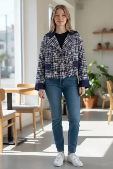 M877 쇼와 레트로 nika 빈티지 체크 무늬 트위드 자켓