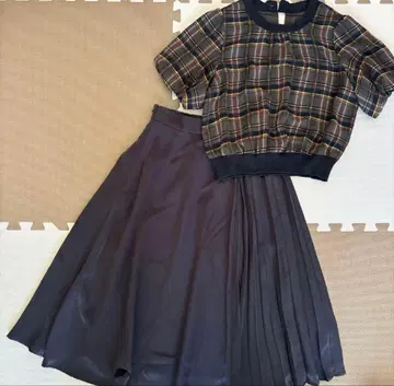 체크 무늬 블라우스와 플레어 스커트 셋업