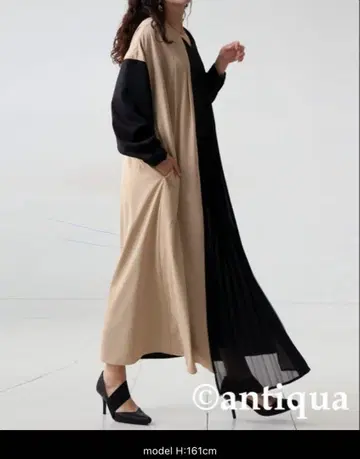 antiqua 하프 플리츠 원피스 블랙 베이지 프리 사이즈 새상품
