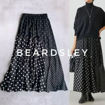 새상품급 BEARDSLEY 도트 패치워크 롱 스커트 블랙 프리