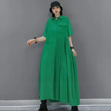 긴팔 플리츠 셔츠 원피스 그린 맥시 원피스