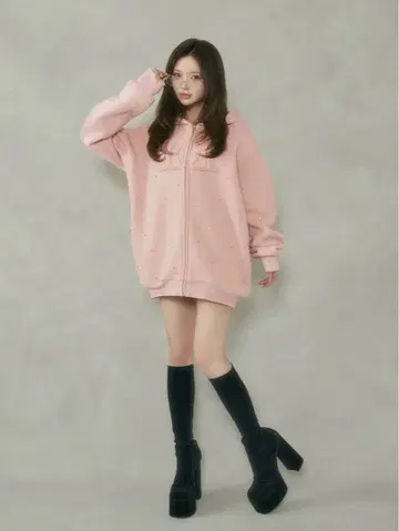 Darich DD 로고 비쥬 지퍼 후드티 핑크