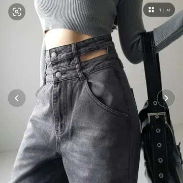 밈 셀렉 컷 아웃 더블 하이웨스트 와이드 데님/블랙 Ssize