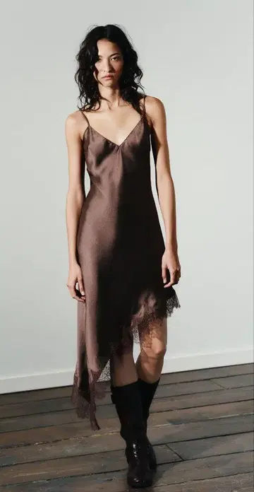 ZARA 완판템 새틴 레이스 원피스 브라운 L 택 포함 새상품