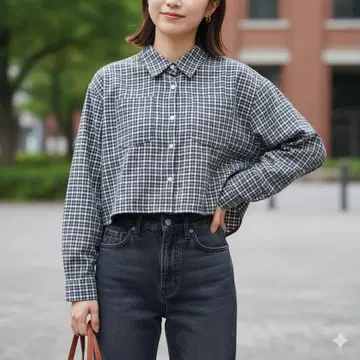 본르씰 숏 기장 체크 셔츠 여성용 긴팔 모던 네이비