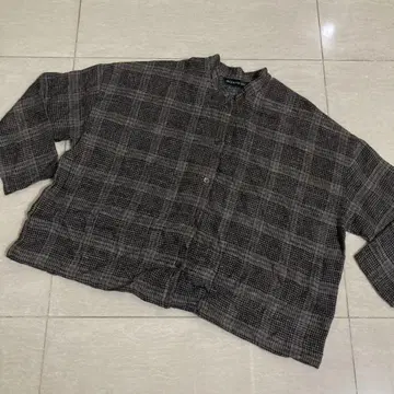 미즈이로 인드 체크 스탠다드 칼라 숏 셔츠 린넨 울