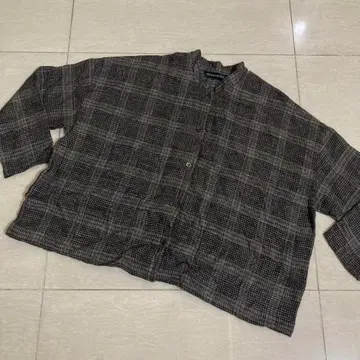 미즈이로 인드 체크 스탠다드 칼라 숏 셔츠 린넨 울