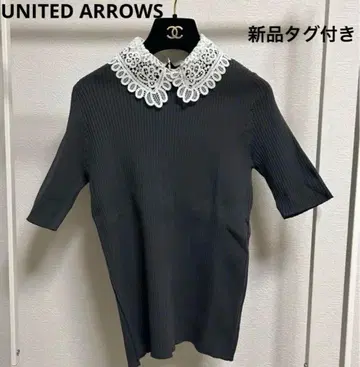 [택 포함 새상품] UNITED ARROWS 레이스 카라 부착 반팔 니트
