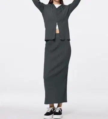 GU 리브 편직 후드 부착 자켓과 스커트 세트
