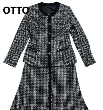 OTTO 오토 트위드 울 혼방 노카라 체크 블랙 S