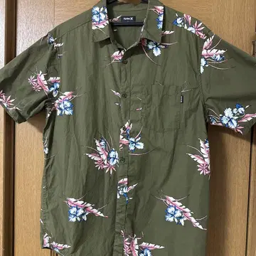 Hurley 반팔 셔츠 L 올리브 그린 꽃무늬