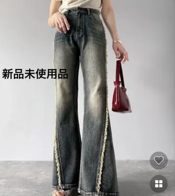 mily bilet 사이드 프린지 빈티지풍 데님 플레어 팬츠