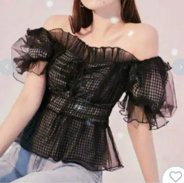 [ SNIDEL ] 개더 프릴 오프숄더 블라우스 체크