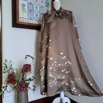 기모노 리메이크/호몬기/순수 실크/금채/보우 칼라 플레어 원피스/