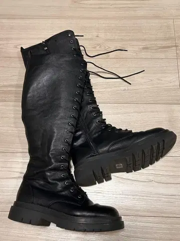 블랙 가죽 레이스업 롱 부츠