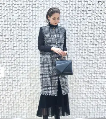 택 포함 PLST 트위드 롱 베스트