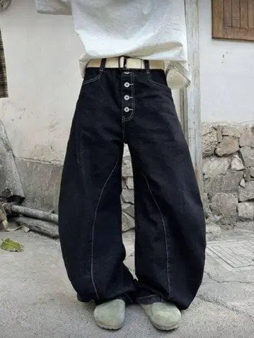 블랙 와이드 레그 데님 팬츠