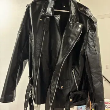 블랙 인조 가죽 라이더 자켓