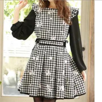 LIZLISA 하운드투스 체크 패턴 긴팔 블랙 미니 원피스 프리 사이즈