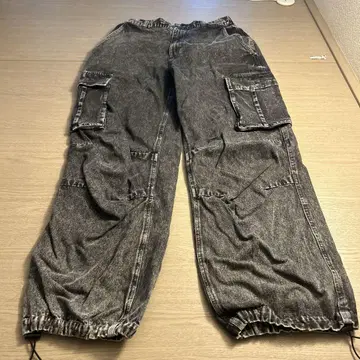 케미컬 워시 데님 와이드 카고 팬츠