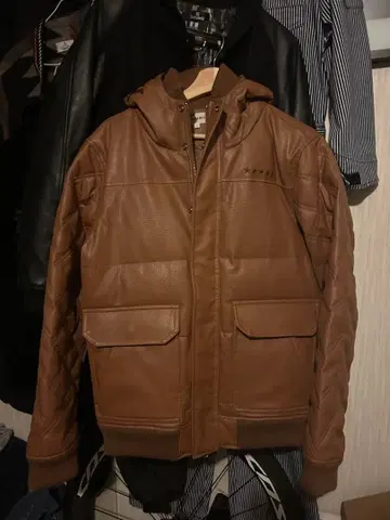 타미힐피거 후드 부착 가죽 브라운 자켓 L