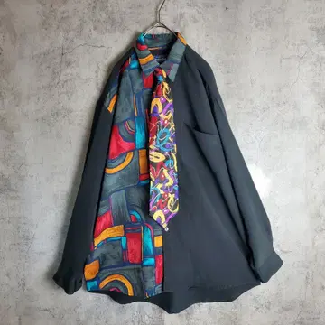 넥타이 셔츠 미쏘니 오버 사이즈 스카프 패턴 멀티 컬러 레트로