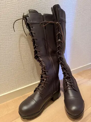 브라운 레이스업 롱 부츠