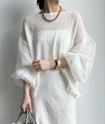 새상품 DOUDOU 도두 시어 니트 소매 튤 볼륨 풀오버