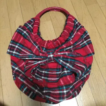 빨간색 타탄 체크 토트백 리본