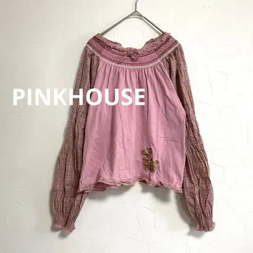 핑크하우스 PINK HOUSE 곰 자수 체크 절개 긴팔 블라우스 핑크 M