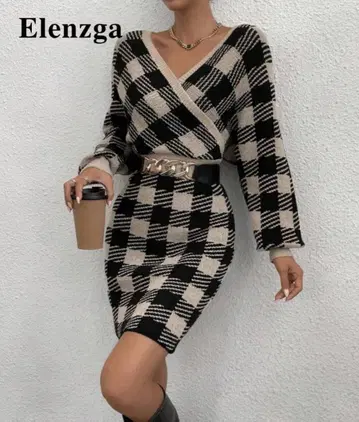 Elenzga 체크 무늬 긴팔 타이트 V넥 무릎 기장 원피스 XL
