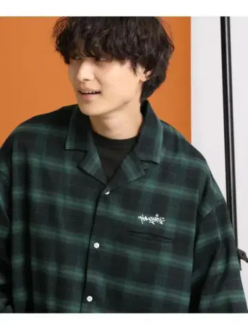 옴브레 체크/기모 원포인트 자수 오픈 카라 셔츠