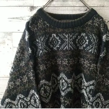 페어아일 패턴 와이드 소매 유럽풍 전체 니트 로우게이지 니트 3L 상당