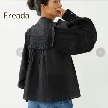 Freada 프리다 레이스 핀턱 프릴 블라우스 상의 면 블랙 ONE