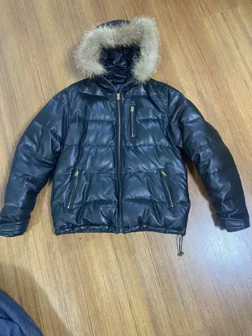 퍼 후드 가죽 다운 자켓 블랙