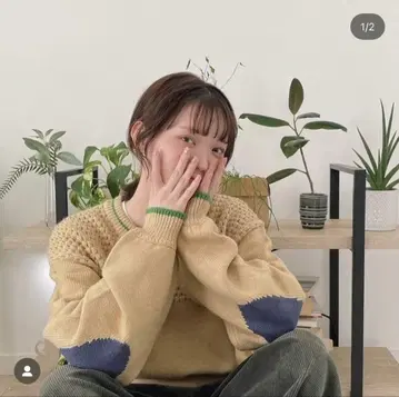 엘보 패치 라인 니트 베이지