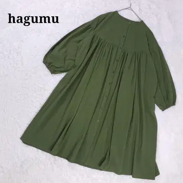 hagumu 노카라 개더 셔츠 롱 원피스 카키