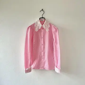 빈티지 레이스 옷깃 스트라이프 셔츠 핑크 쇼와 레트로 걸리시 의상 댄스