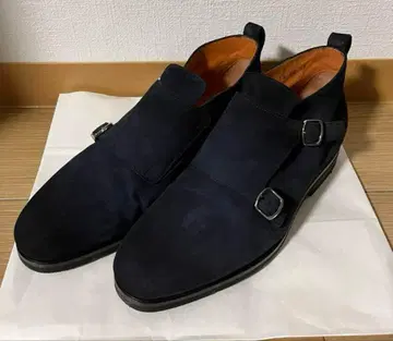 Santoni 네이비 스웨이드 더블 몽크 스트랩 신발