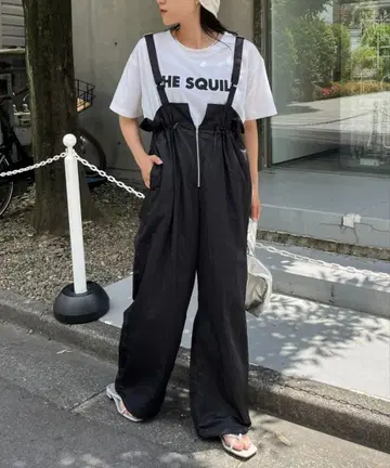 새상품 CIAOPANIC TYPY 광택 나일론 허리 개더 서스펜더 팬츠