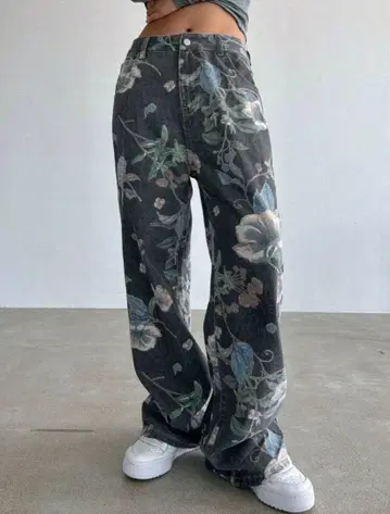 꽃무늬 스트레이트 데님 다크 그레이