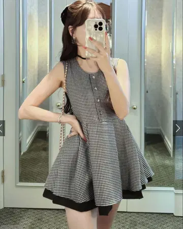 슬리브리스 깅엄 체크 미니 원피스