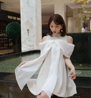 MISTREASS Sheer Big Ribbon 미니드레스 베이지