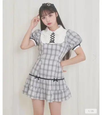 허니 시나몬 포인트 리본 체크 원피스