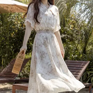 DAY CLOSET 미니 꽃무늬 보타이 쉬폰 A라인 리조트 원피스