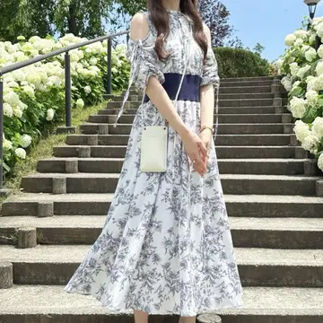 아프레 주르 2WAY 슬리브 허리 리브 원피스 네이비
