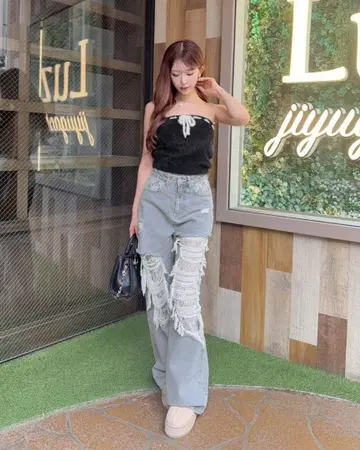 cherimi 레이스 크러쉬 데님 팬츠