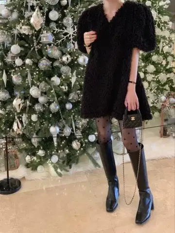 LiLi Rena Fur 하프 슬리브 미니 원피스 블랙